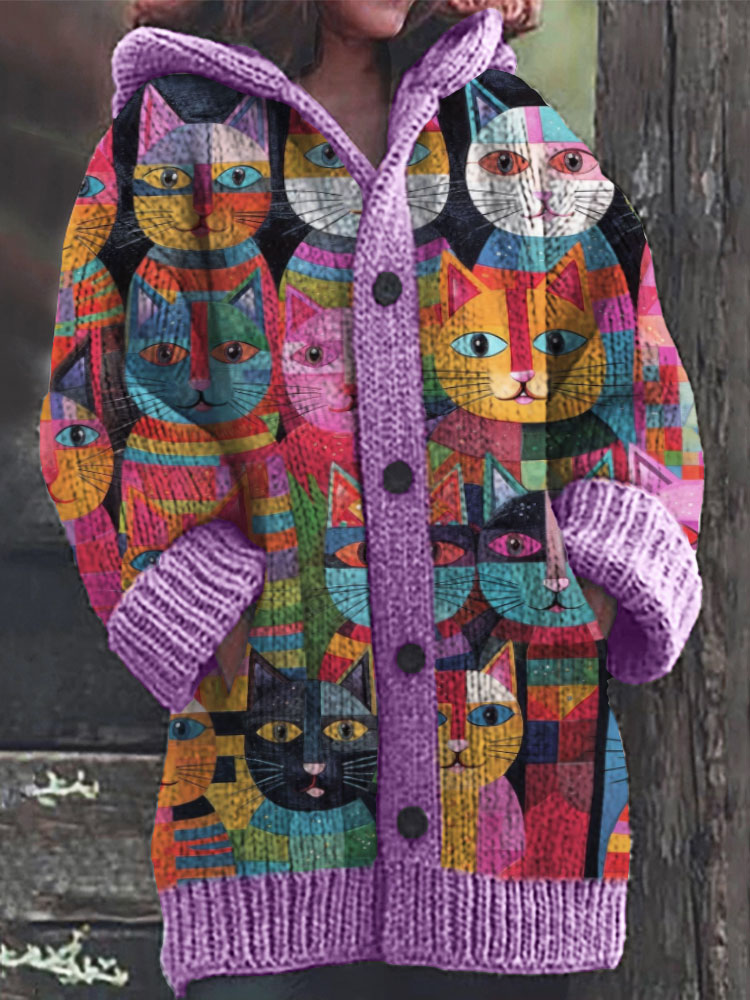 Colorful Cats Pattern Cozy Hooded Cardigan artswardrobe