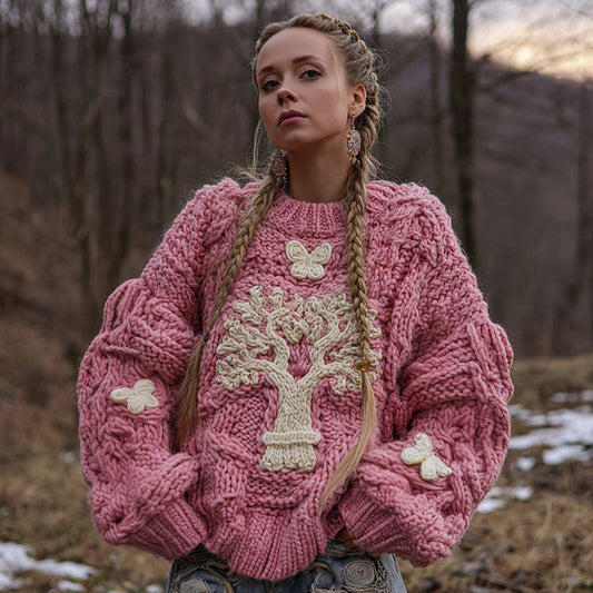 Women's Vintage Viking Tree Of Life Knitted Jacquard Warm Crew Neck Sweater elevenforest