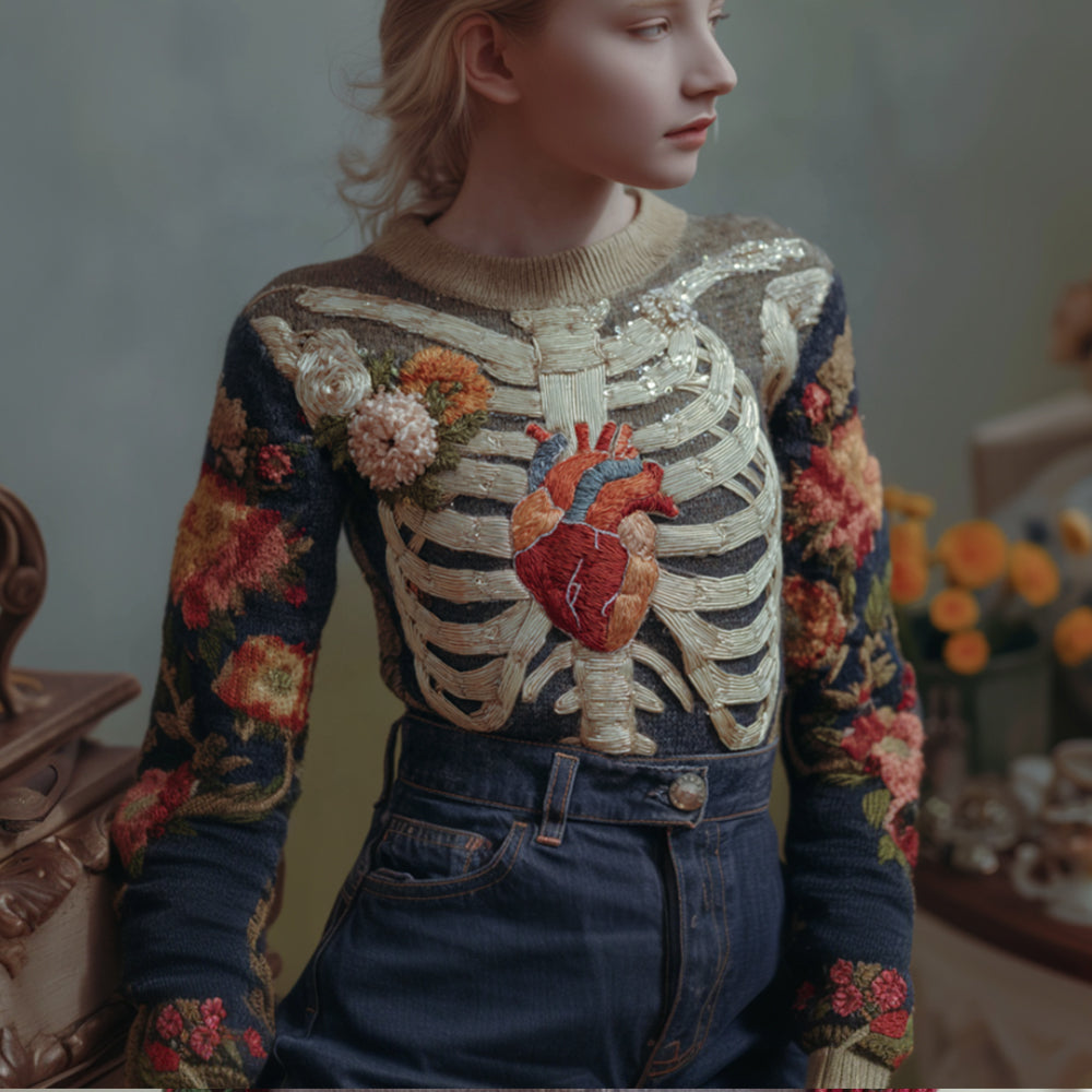 Women's Halloween Human Anatomy Art Flower Knitted Round Neck Sweater artswardrobe