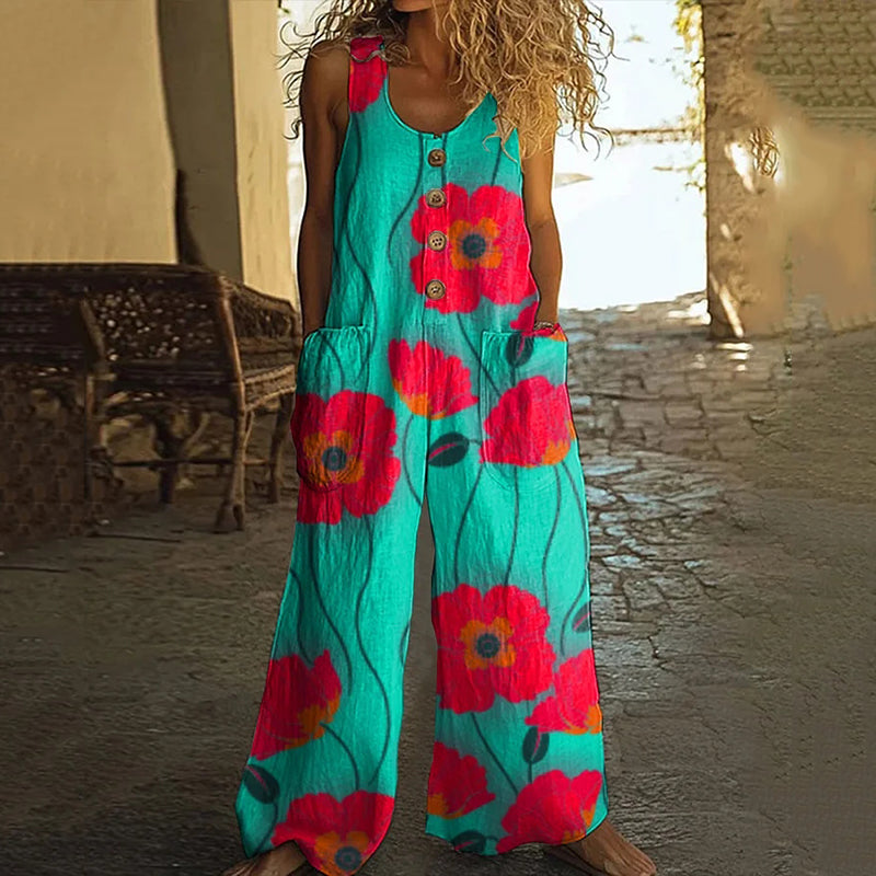 Women's Vintage Poppy Print Casual Wide Leg Jumpsuit artswardrobe