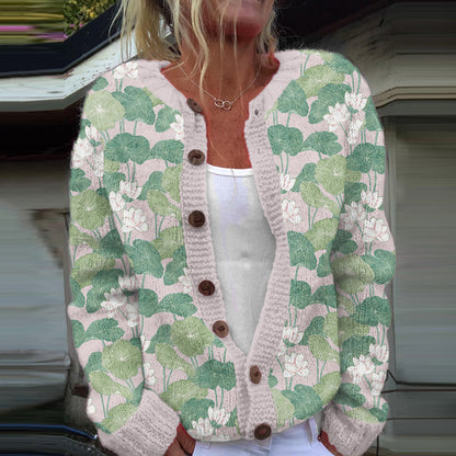 Vintage Water Lily Art Knitted Jacquard Sweater elevenforest