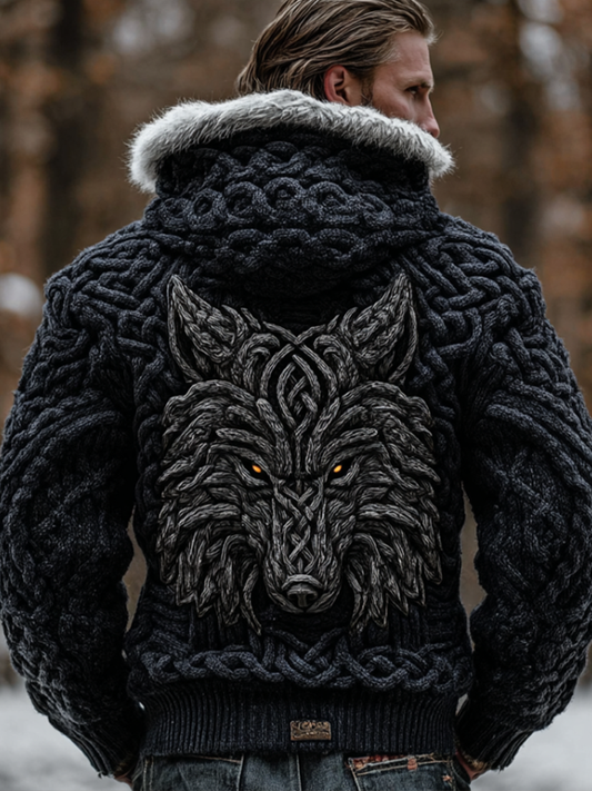 Viking Retro Style Wolf Element Winter Warm Knitted Sweater Jacket artswardrobe