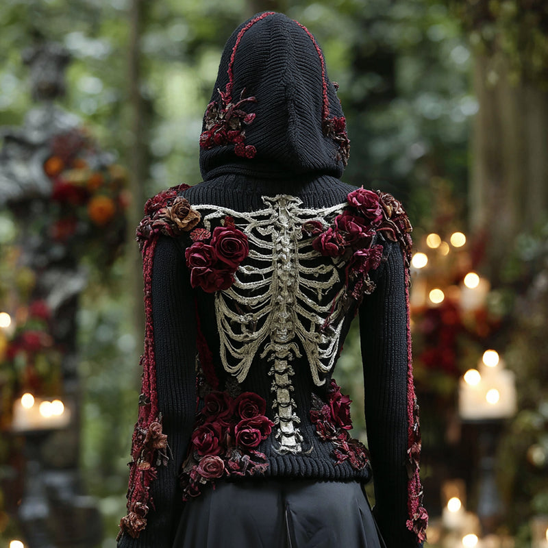Women's Halloween Vintage Rose And Skull Embroidery Cozy Knit Hooded Sweater artswardrobe