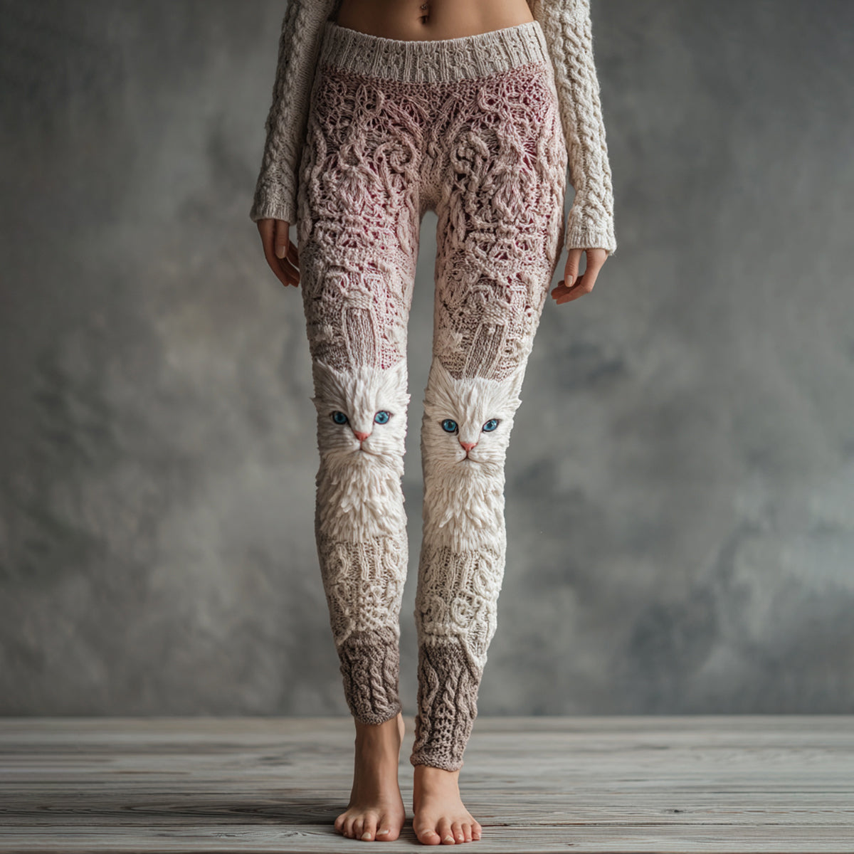 Women's Cute Cat Face Embroidered Gradient Cozy Leggings