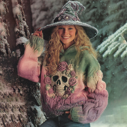 Women's Gradient Rose And Skull Inspired Chunky Knit Hooded Sweater elevenforest