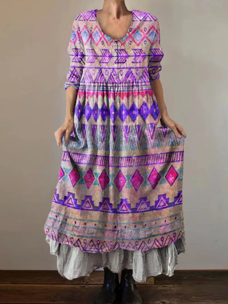 Women's Art Painting Hippie Vintage Print V-Neck Dress