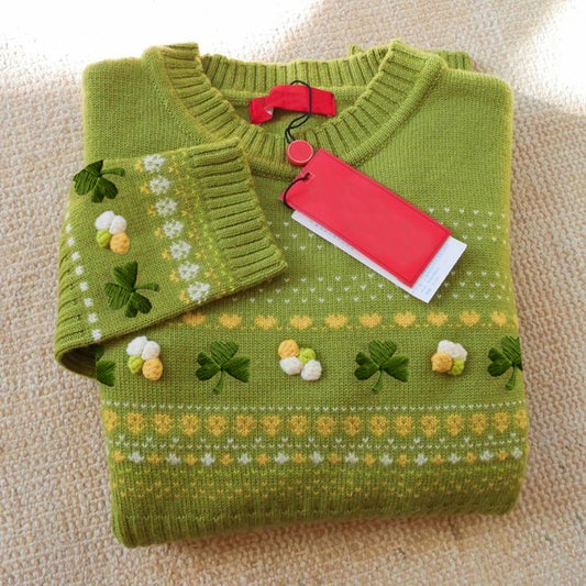 Women'S St. Patrick'S Irish Shamrock Embroidery Jacquard Knitted Sweater elevenforest