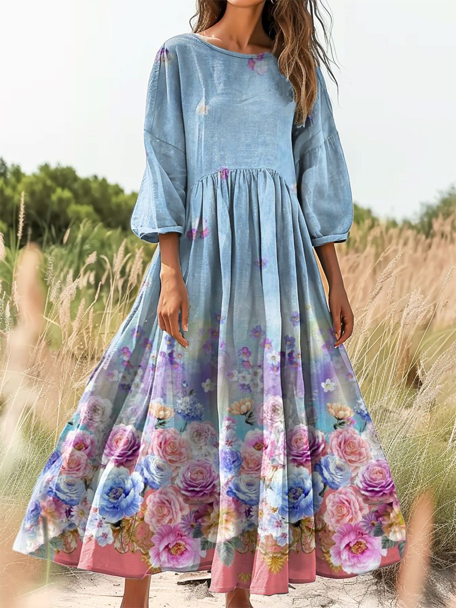 Women's Floral Art Print Cotton Crew Neck Dress