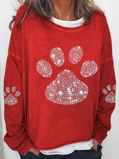 Comstylish Women's Dog Paw Rhinestone Print Sweatshirt