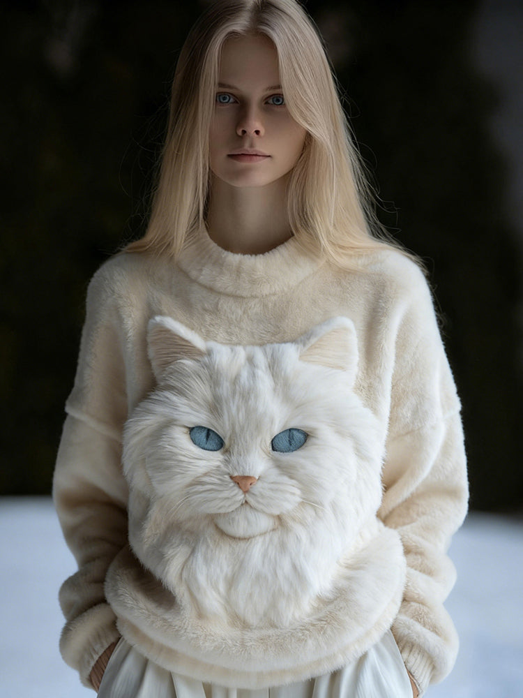 Comstylish Cute Fuzzy Cat Embroidered Cozy Plush Sweatshirt