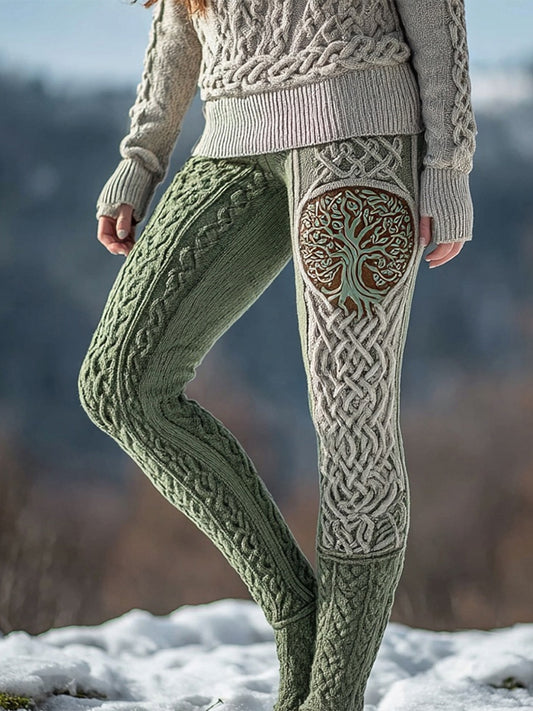 Viking Inspired Tree Of Life Jacquard Cozy Knit Leggings artswardrobe