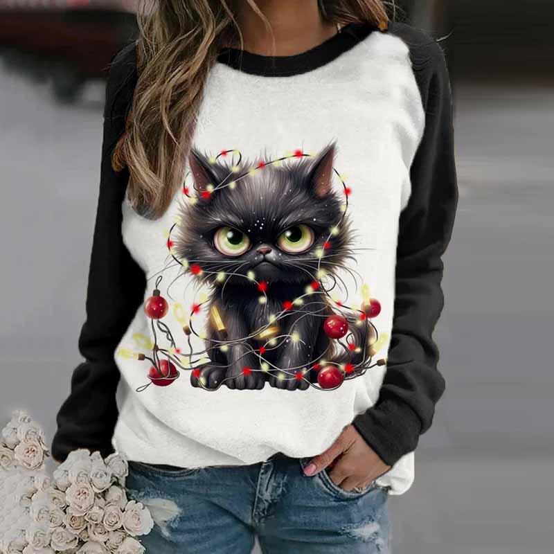Women's Winter Black Cat Christmas Print Casual Sweatshirt elevenforest