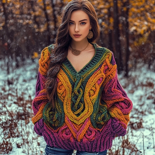 Vintage Celtic Knot Rainbow Irish V-neck Aran Sweater elevenforest