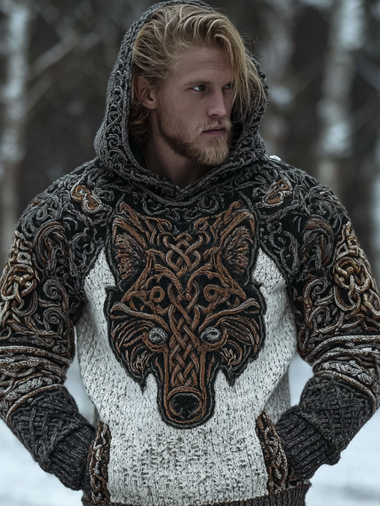 Men's Hooded Thick Sweater With Viking Style Tribal Totem And Wolf Totem Patterns elevenforest