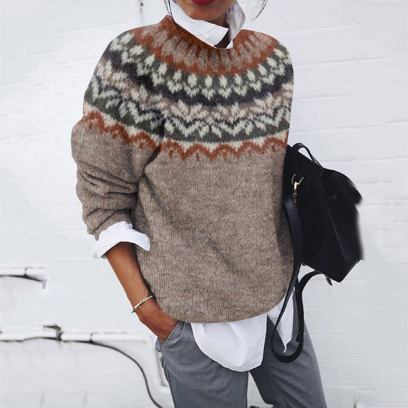 Maglione girocollo in misto lana con motivo Fair Isle ruggine e antracite sullo scudo