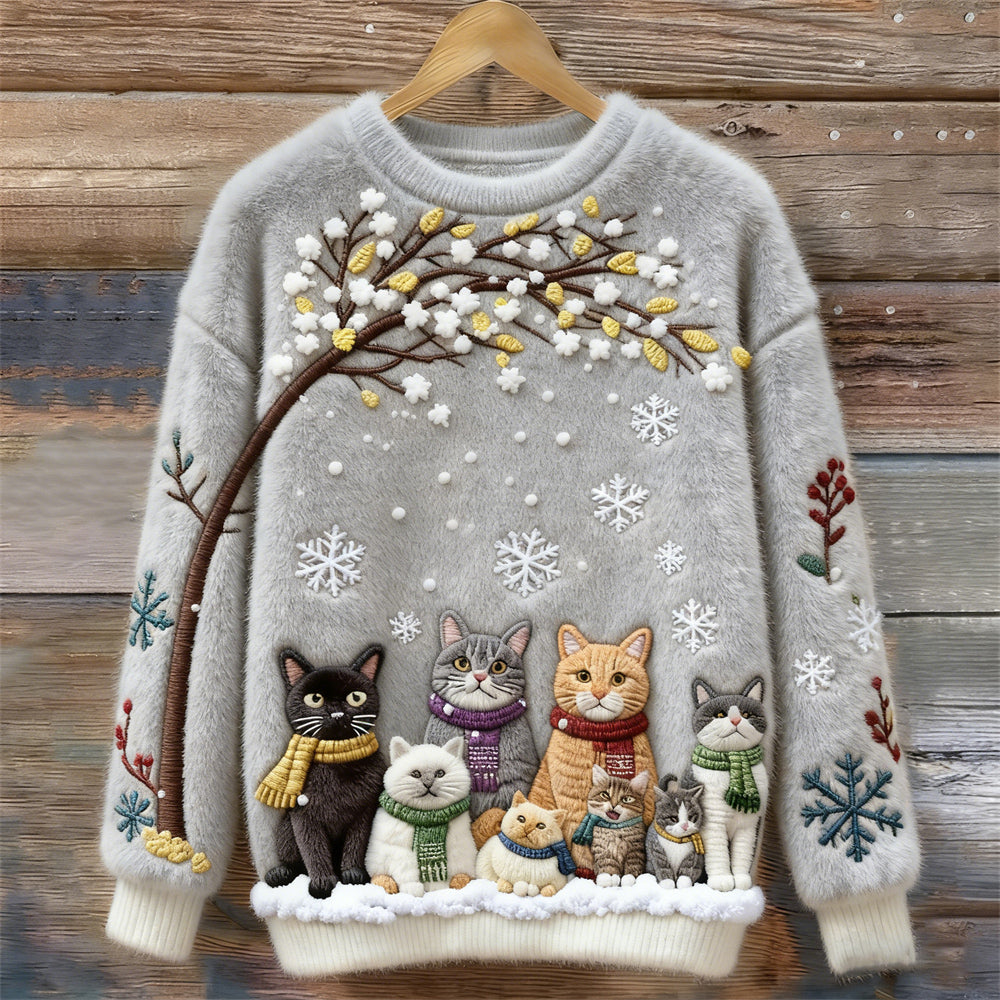 Christmas Cats Embroidery Women's Cozy Plush Sweater artswardrobe