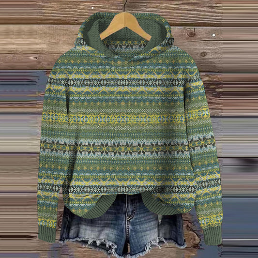 Vintage Knitted Jacquard Fairman Pattern Cozy Hooded Sweater elevenforest