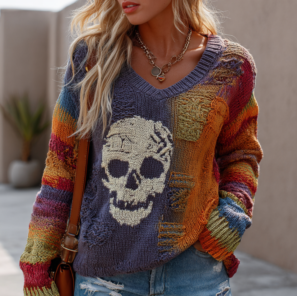 Women's V-neck Knitted Sweater With Halloween Geometric Color Blocks And Skull Patterns artswardrobe