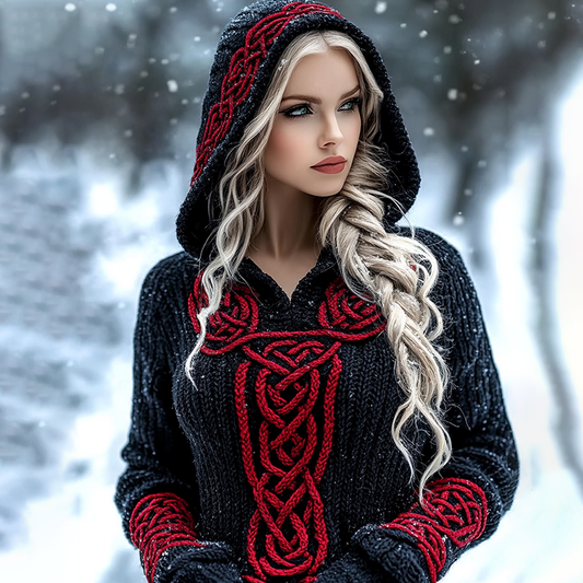 Women's Viking Celtic Knot Jacquard Knit Hooded Sweater elevenforest