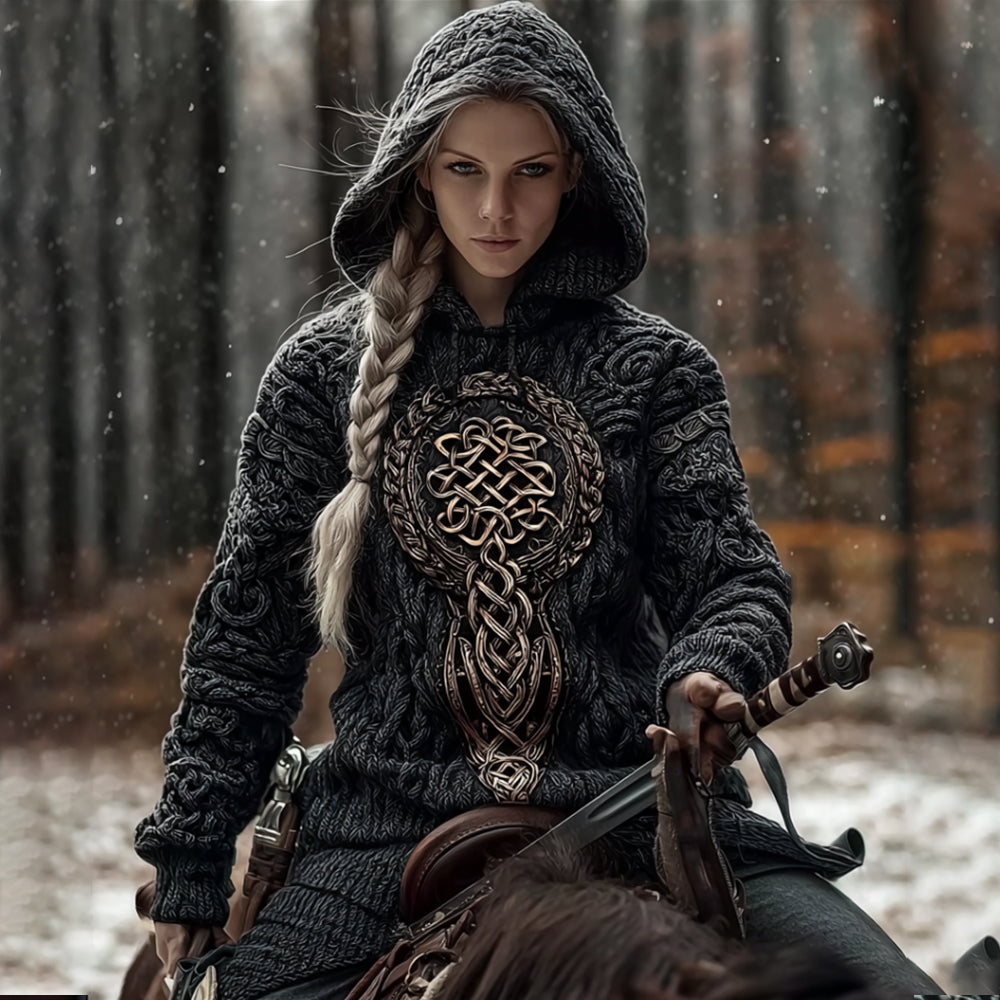 Viking Style Gold Celtic Knot Thick Needle Hooded Sweater artswardrobe