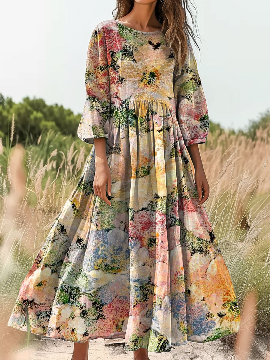 Women's Abstract Floral Print Flowy Crew Neck Pocket Cotton Dress