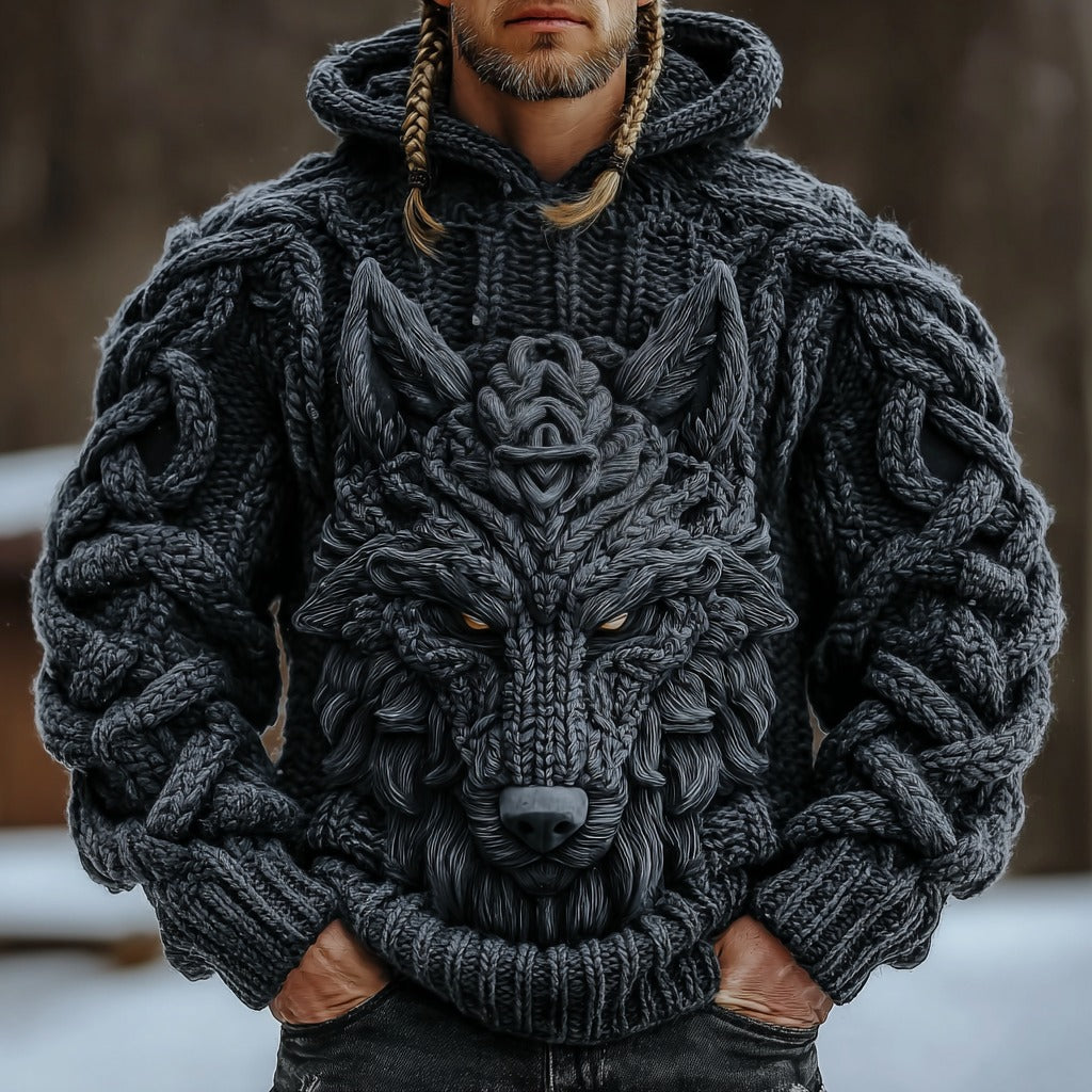 Vintage Viking Wolf Knit Thick Warm Men's Hooded Sweater artswardrobe