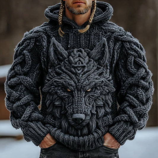 Vintage Viking Wolf Knit Thick Warm Men's Hooded Sweater artswardrobe