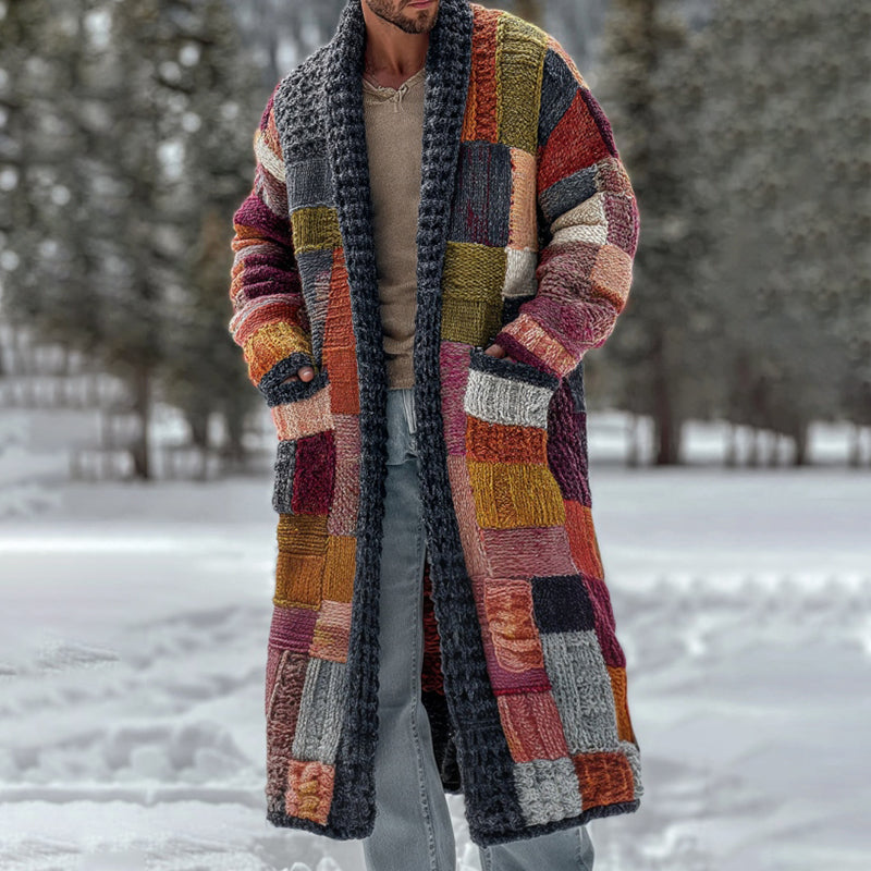 Men's Vintage Geometric Block Knit Warm Sweater Long Cardigan elevenforest