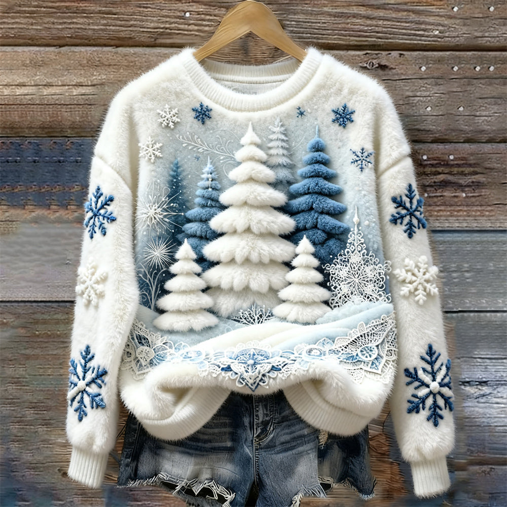 Christmas Tree & Snowflake Art Women's Cozy Plush Sweater