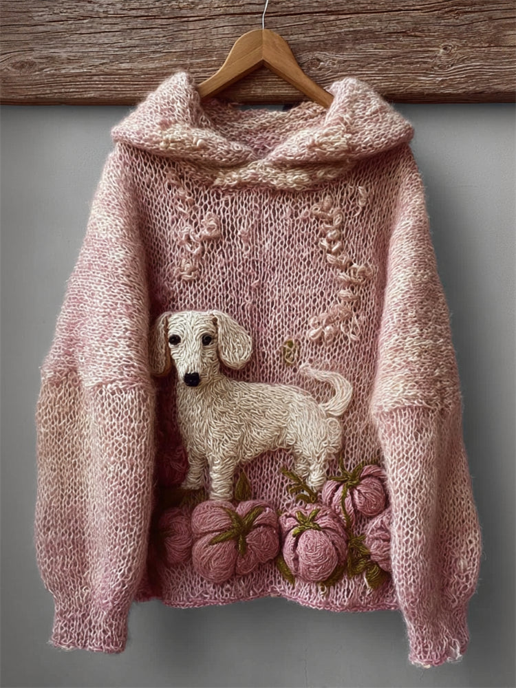 Lovely Dachshund Dog & Pink Pumpkins Cozy Fuzzy Hooded Sweater artswardrobe