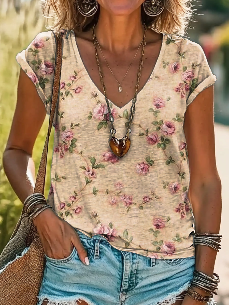 Vintage Floral Art Print 100%Cotton V-neck T-Shirt