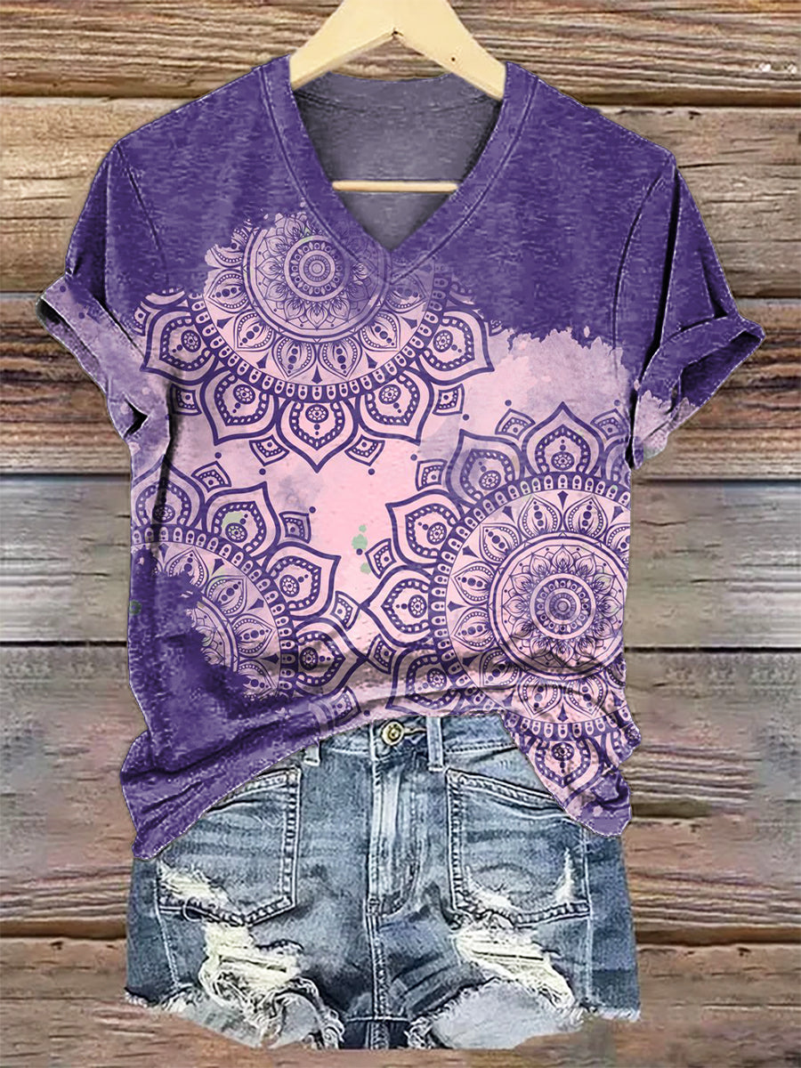 Women's Mandala Embellished Art Print V-Neck Casual T-Shirt