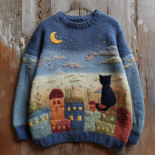 Vintage Fairytale Cottage With Lovely Cute Black Cat Inspired Embroidered Cozy Knit Sweater artswardrobe