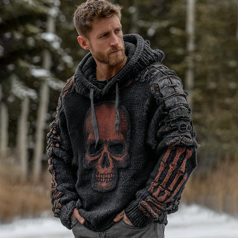 Men's Halloween Skull Art Inspired Knitted Hooded Sweater artswardrobe