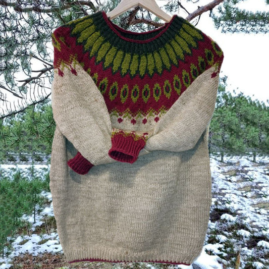 Unisex Vintage Icelandic Contrasting Colors Knit Jacquard Warmth Crew Neck Sweater elevenforest