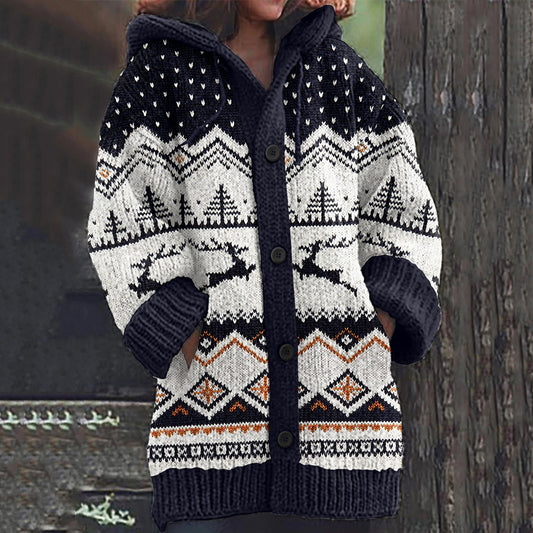 Women's Christmas Elk Deer Geometry Button Cozy Sweater elevenforest