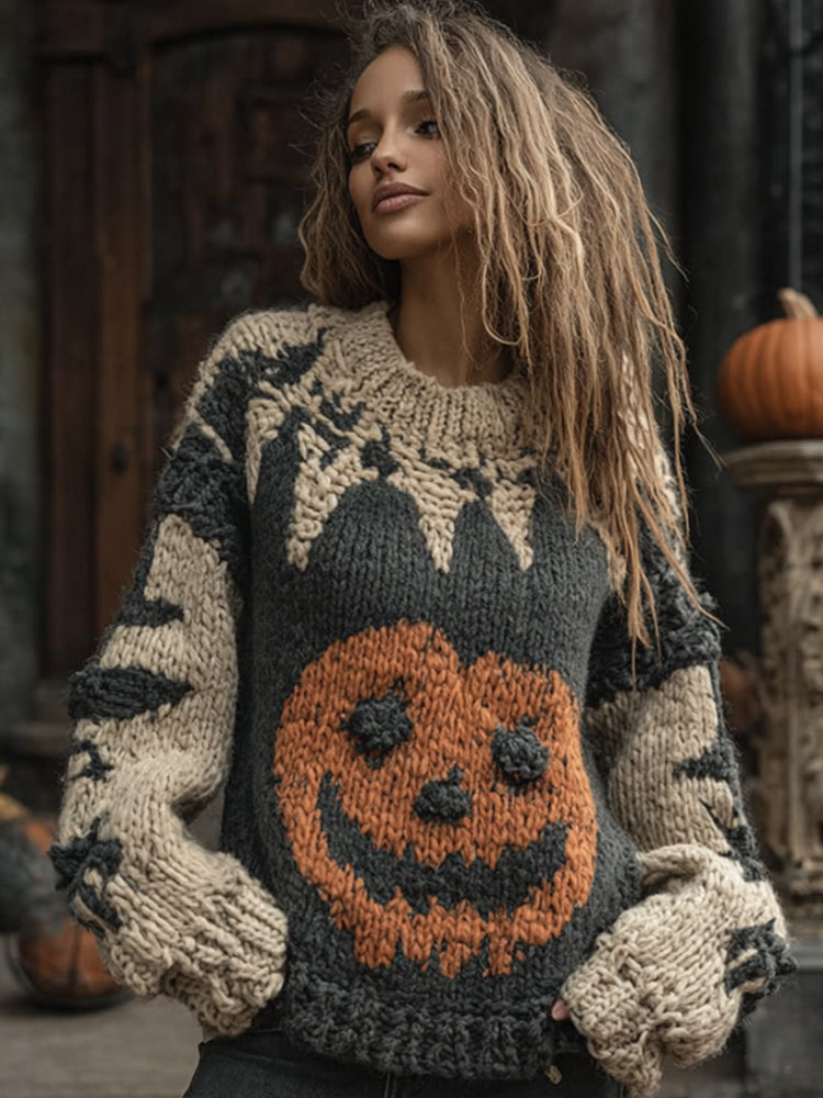 Women Halloween Color Blocked Pumpkin Smiling Face Ancient Round Neck Sweater artswardrobe