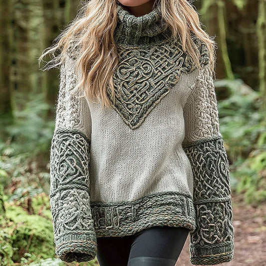 Women's Viking Tree Of Life With Celtic Knot Art Gradient Turtleneck Cozy Knit Sweater artswardrobe