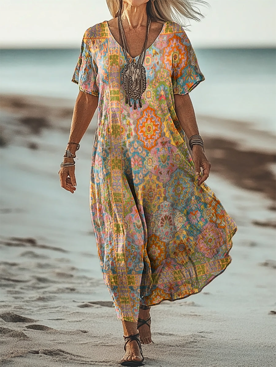 Women's Folk Art Floral Print Flowy Pocket Cotton Dress