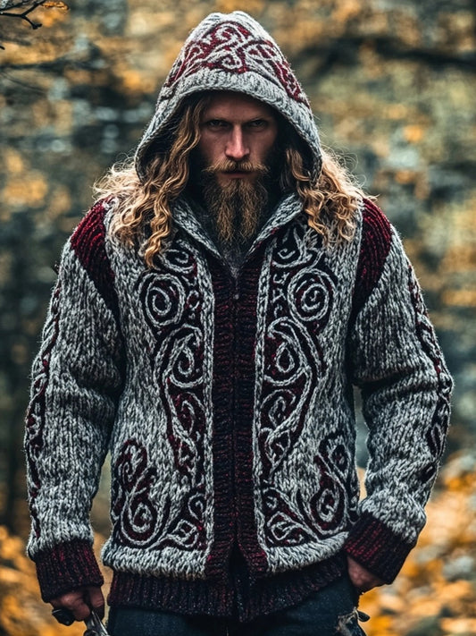 Men's Viking Inspired Embroidered Cozy Chunky Hooded Cardigan artswardrobe