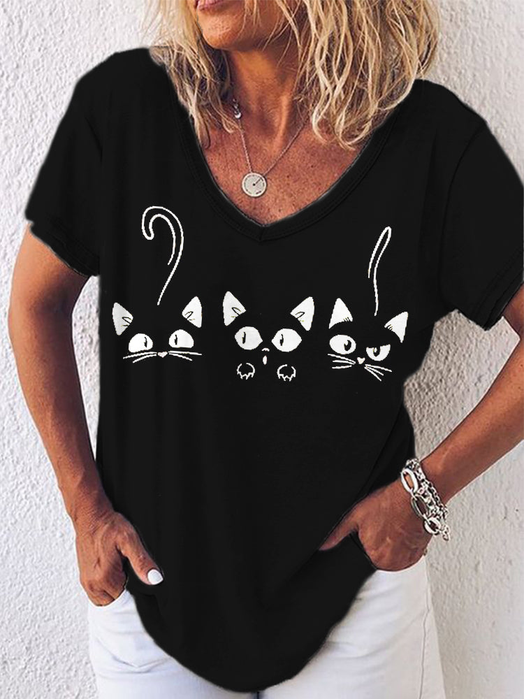 Lovely Cats Print Short Sleeve Casual T-Shirt elevenforest