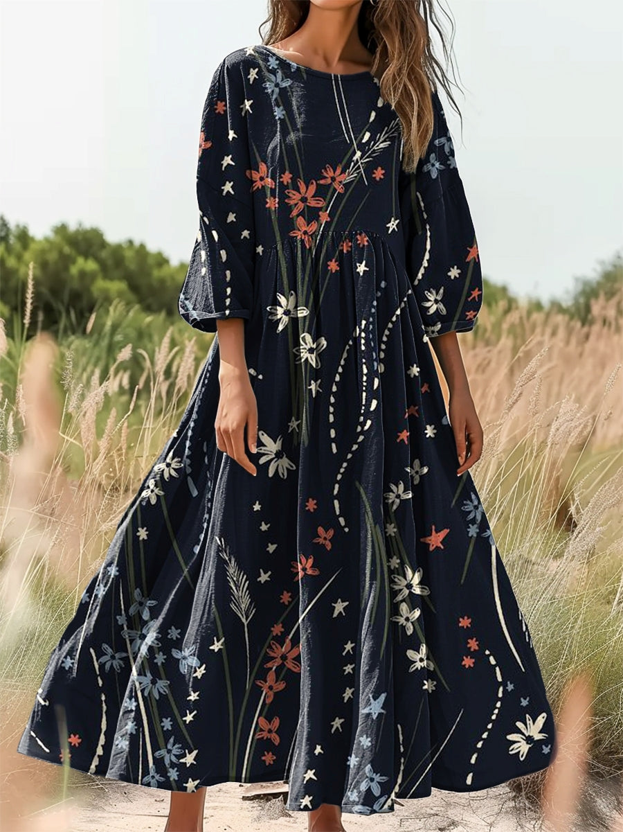 Women's Floral Art Print Flowy Cotton Crew Neck Dress