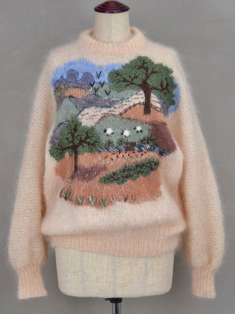 Landscape & Sheep Pattern Cozy Soft Knit Sweater artswardrobe