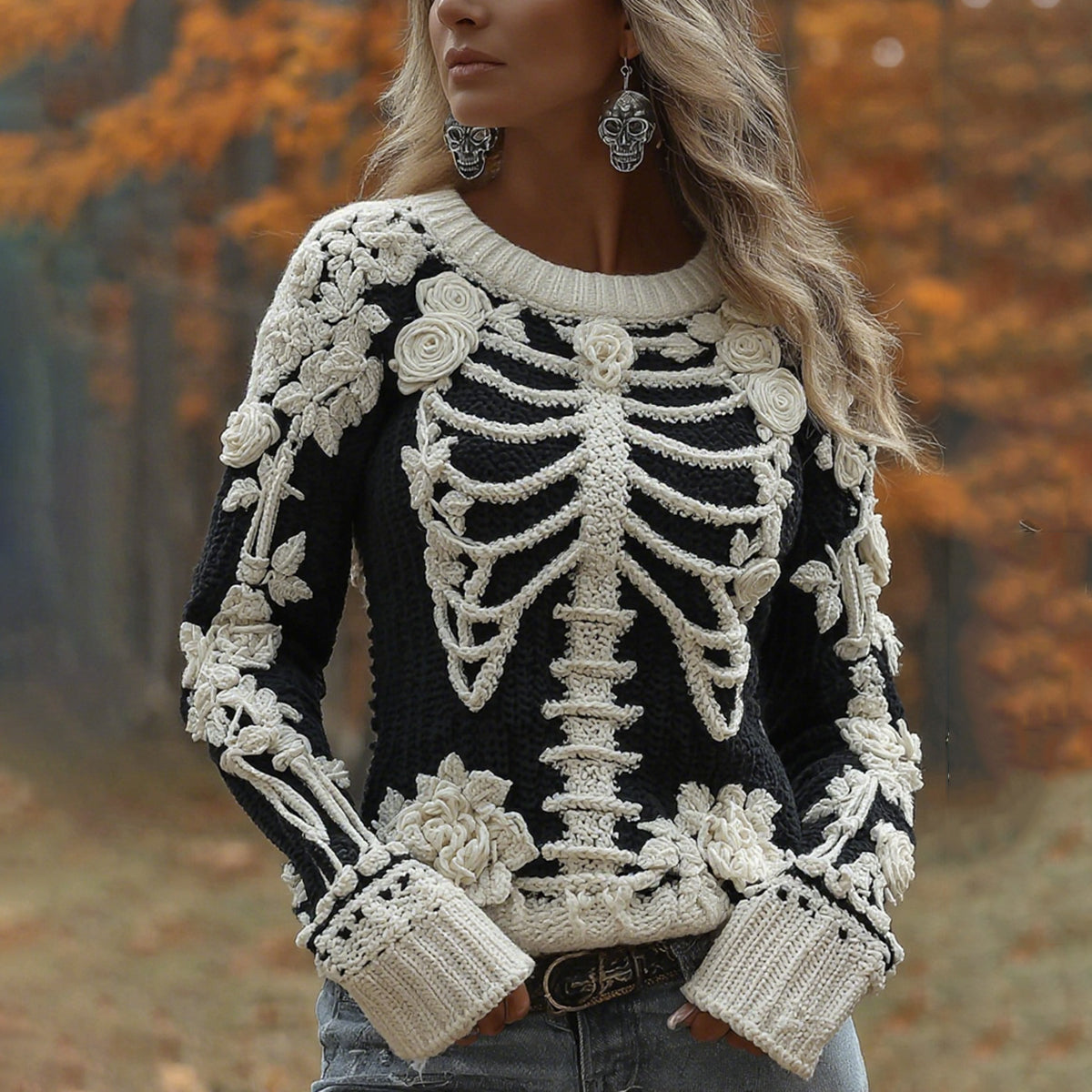 Women's Halloween Skeleton Bones With Roses Art Knitted Warm Sweater artswardrobe