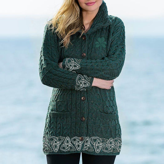 Women's Celtic Knit Jacquard Lapel Button Sweater elevenforest