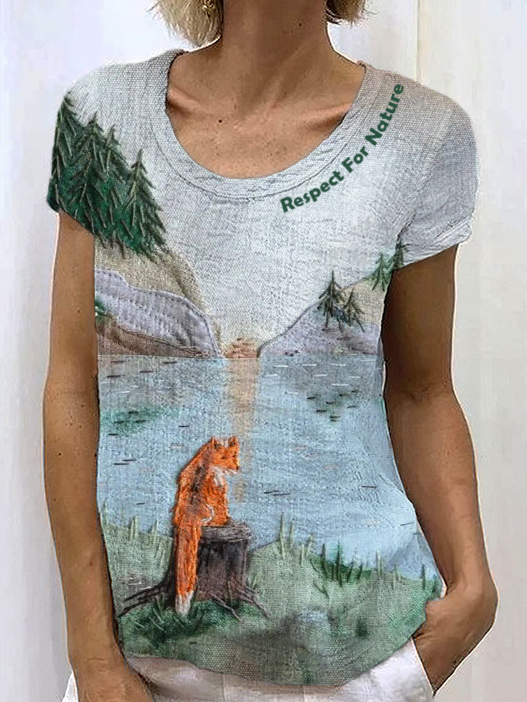 Forest Fox Environmental Protection Promotion Women's Linen T-shirt artswardrobe