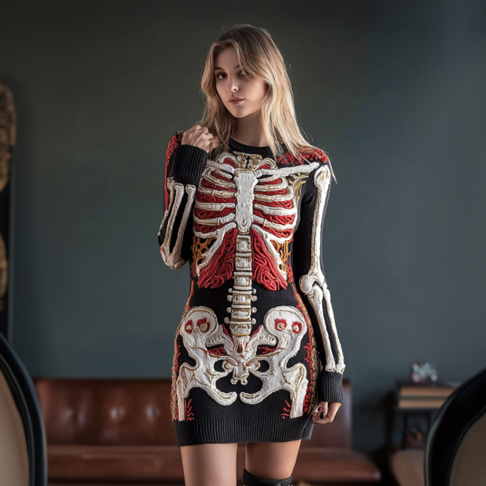 Halloween Human Anatomy Pattern  Design Women's Round Neck Knit Sweater Dress artswardrobe