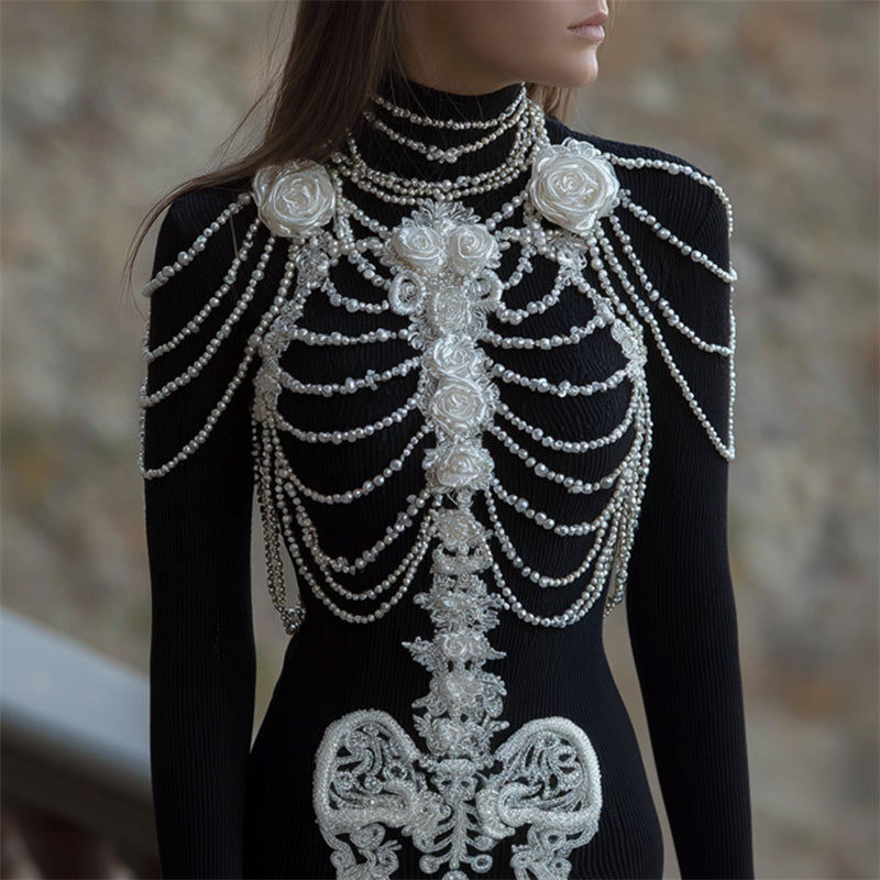 Classy White Roses Skeleton Pearls Lace Art Turtleneck Sweater artswardrobe
