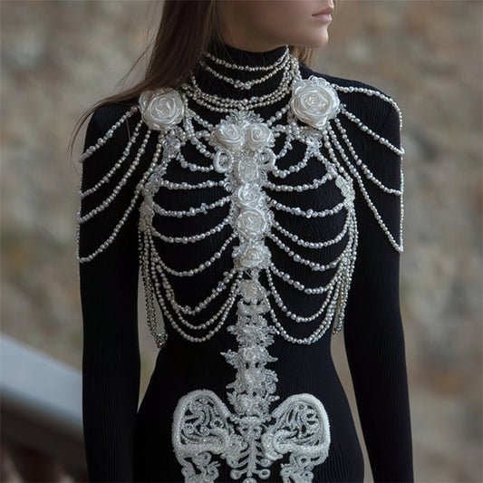 Classy White Roses Skeleton Pearls Lace Art Turtleneck Sweater artswardrobe