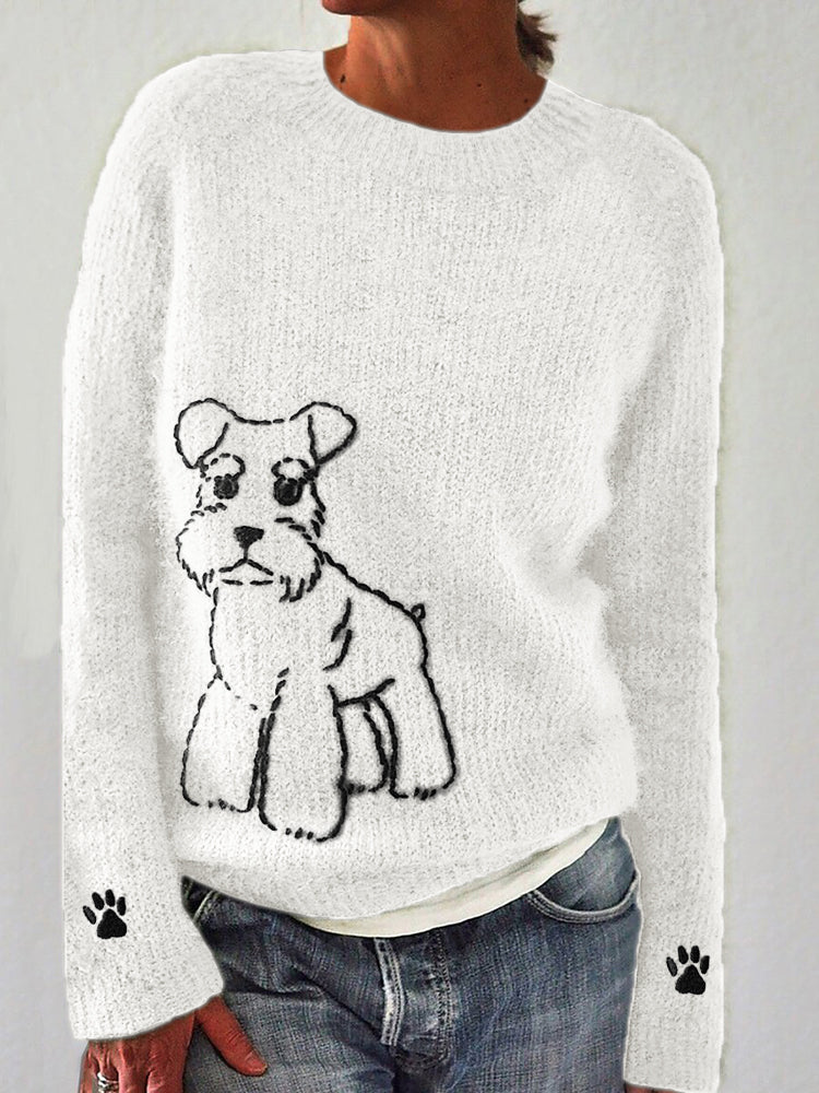 Comstylish White Schnauzer Dog Paw Prints Embroidered Cozy Sweater